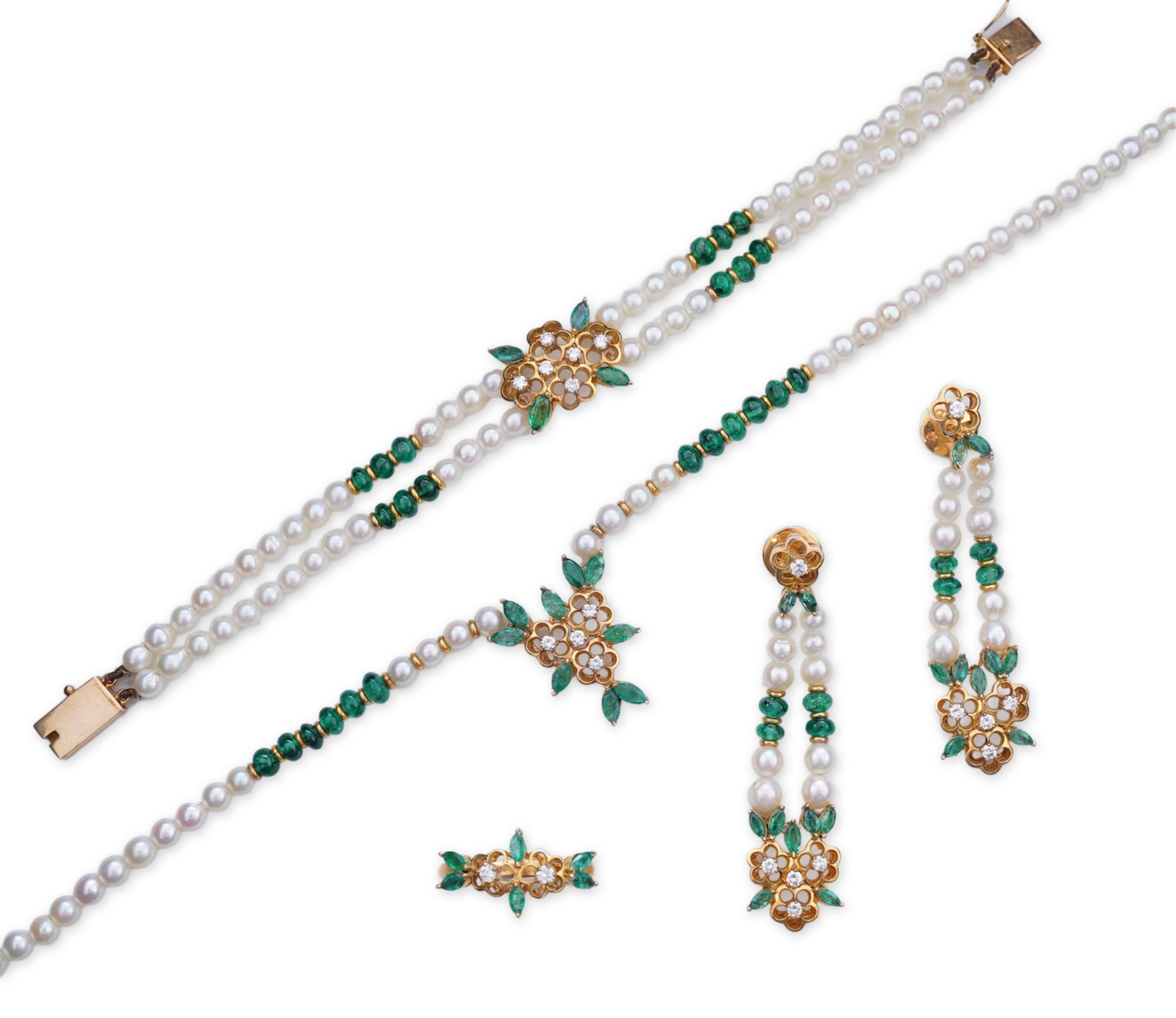 A cultured pearl, emerald and diamond parure